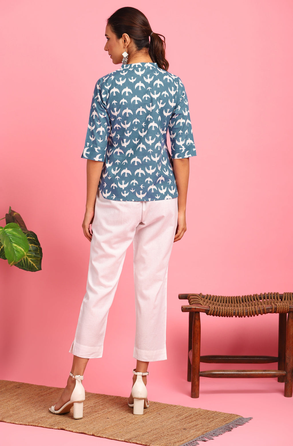 Janasya Women's Blue Cotton Animal Print Regular Top