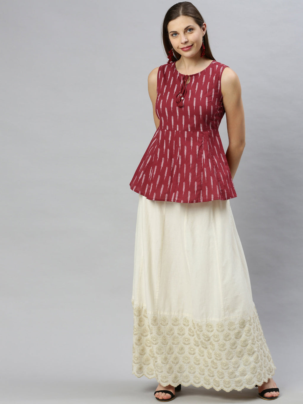 Janasya Women's Maroon Cotton Geometric Print Peplum Top