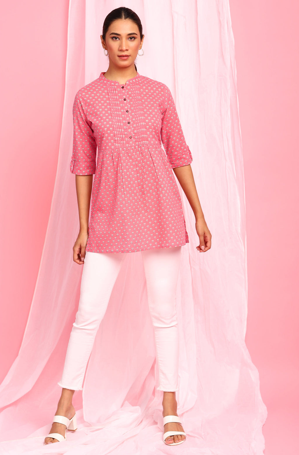 Janasya Women's Pink Cotton Floral Print Empire Waist Tunic
