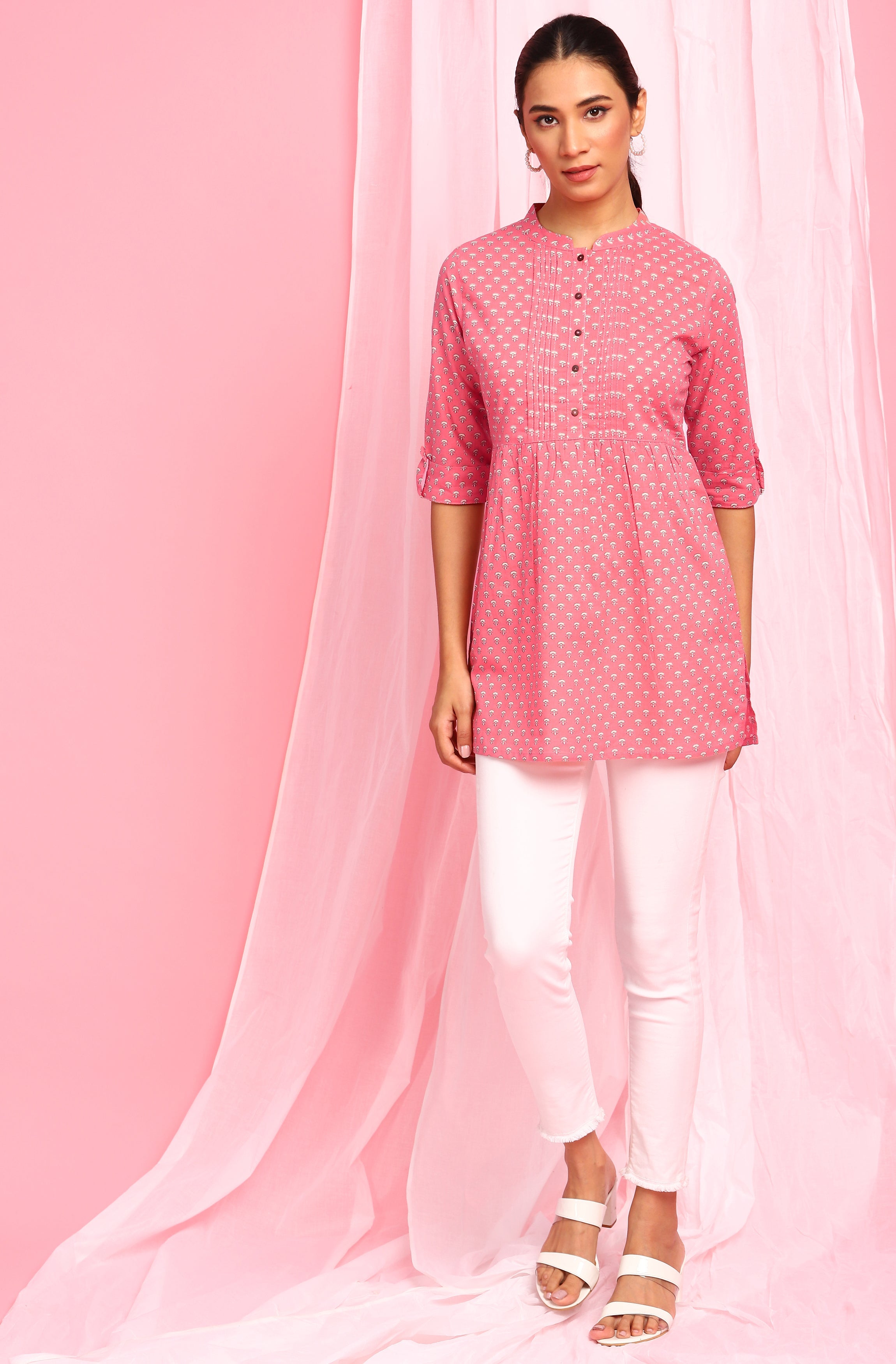 Janasya Women's Pink Cotton Floral Print Empire Waist Tunic