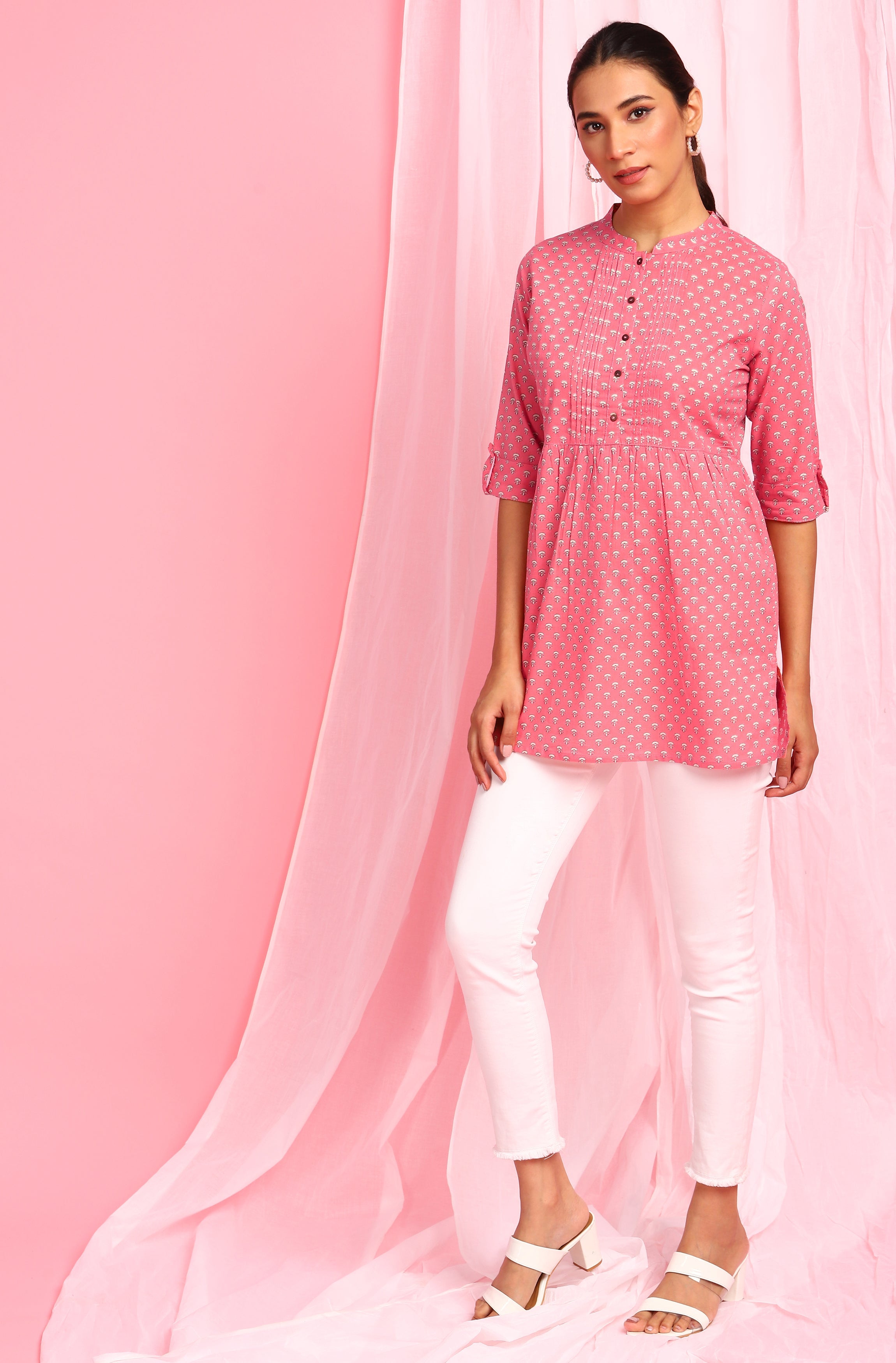 Janasya Women's Pink Cotton Floral Print Empire Waist Tunic