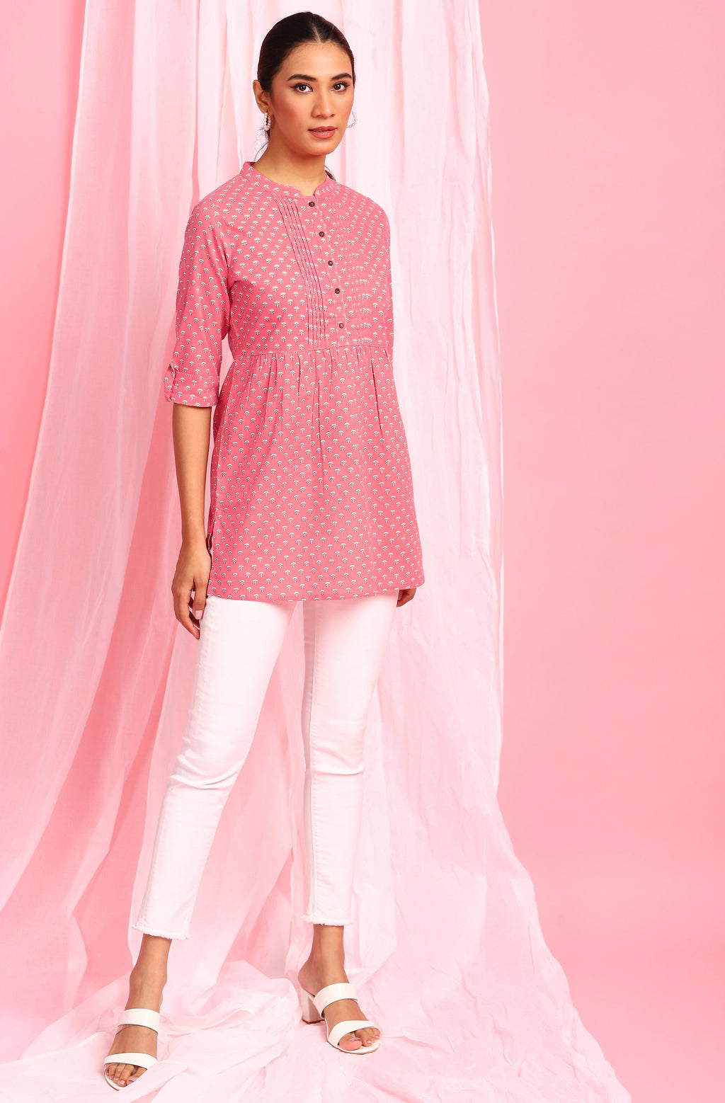 Janasya Women's Pink Cotton Floral Print Empire Waist Tunic