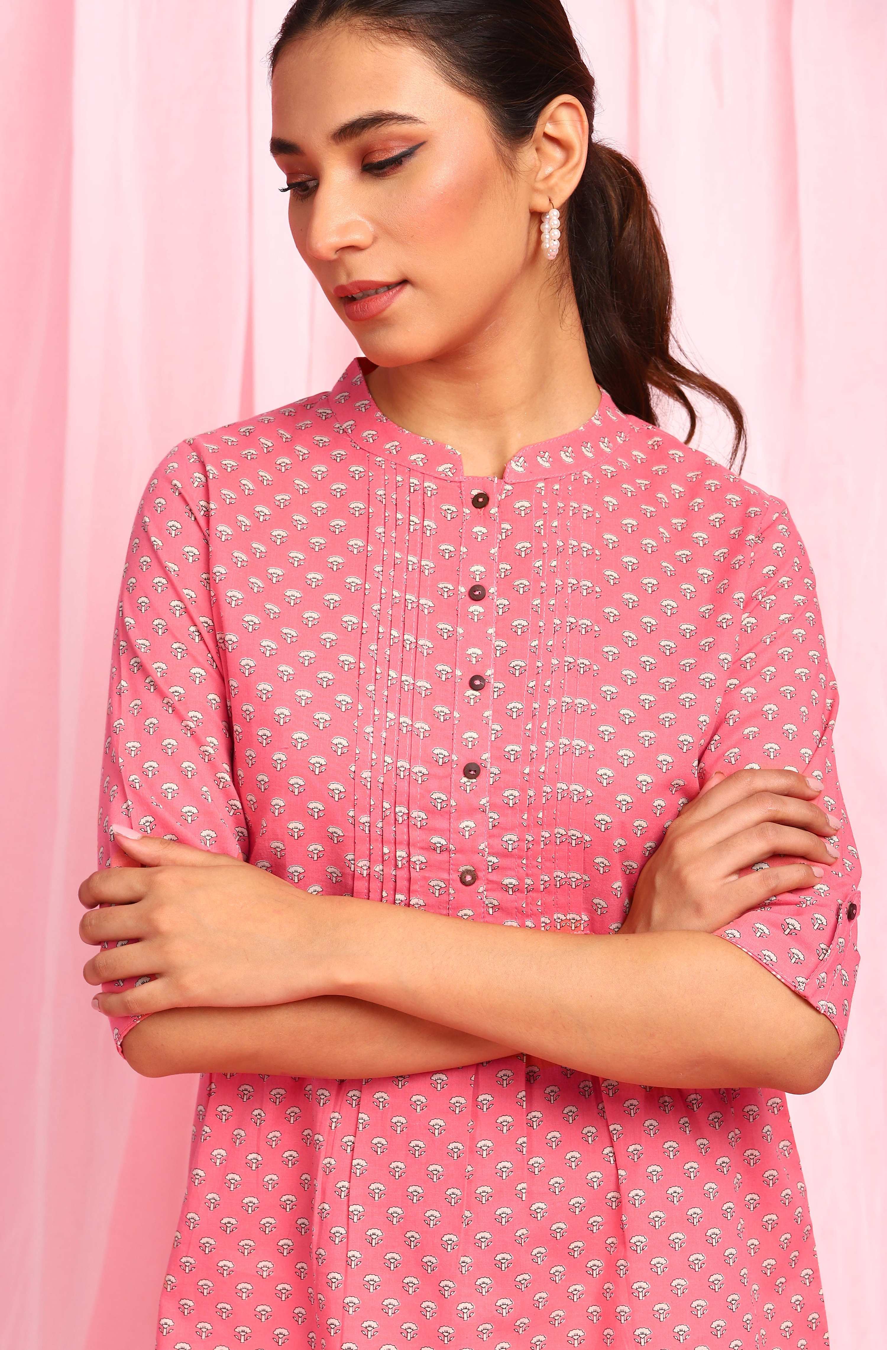 Janasya Women's Pink Cotton Floral Print Empire Waist Tunic