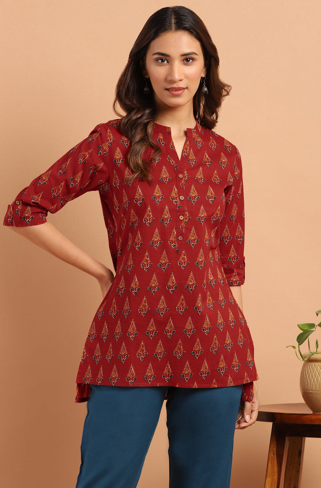 Janasya Women's Red Cotton Ethnic Motifs Straight Tunic