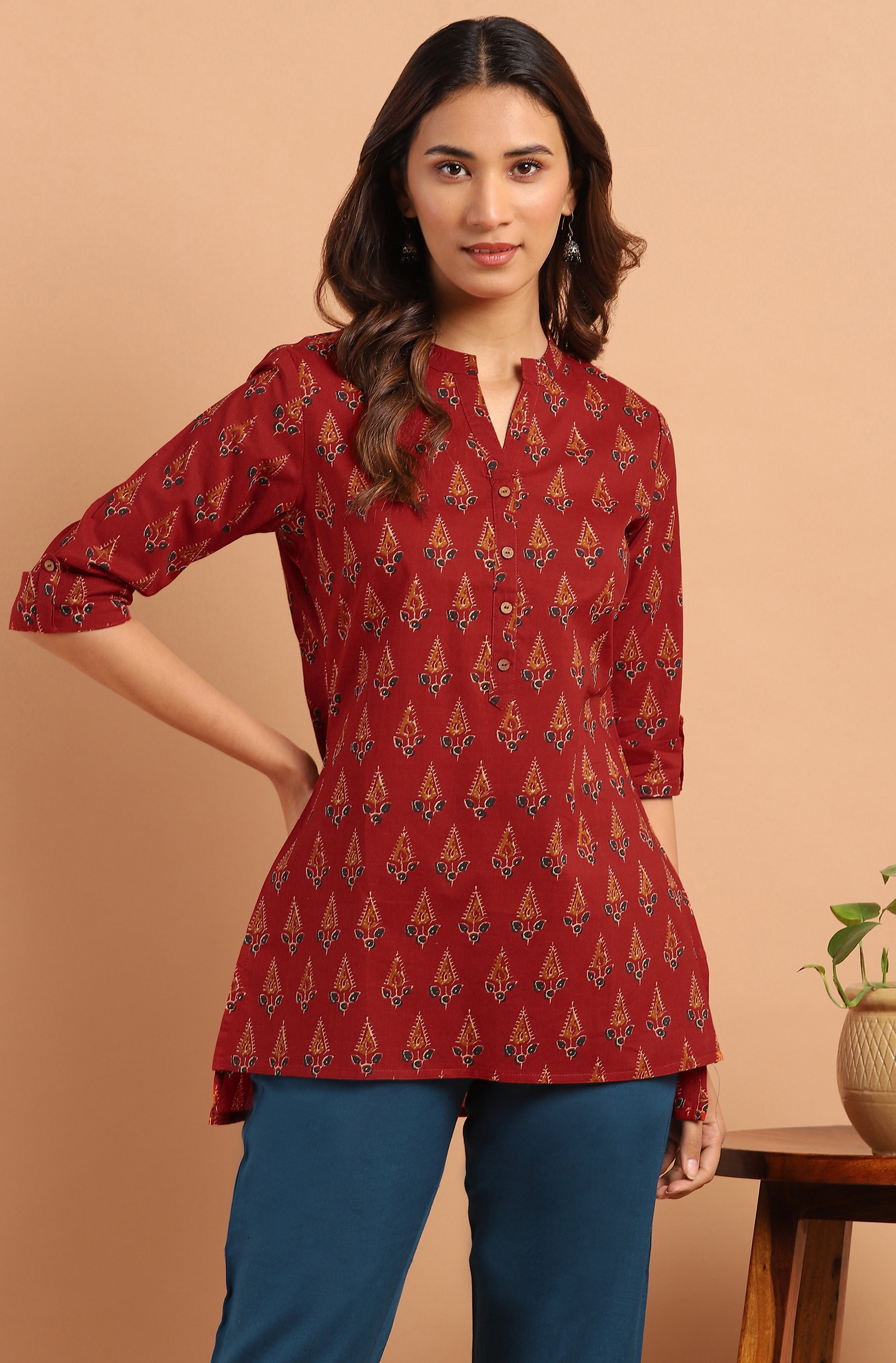 Janasya Women's Red Cotton Ethnic Motifs Straight Tunic