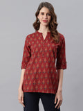 Janasya Women's Red Cotton Ethnic Motifs Straight Tunic