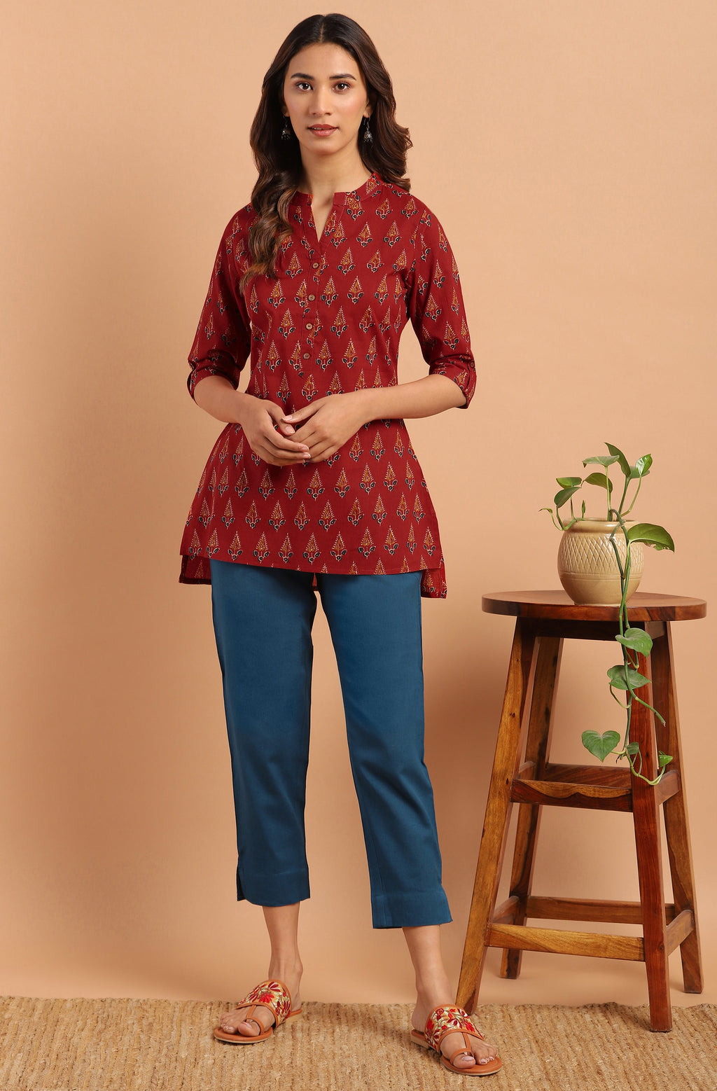 Janasya Women's Red Cotton Ethnic Motifs Straight Tunic