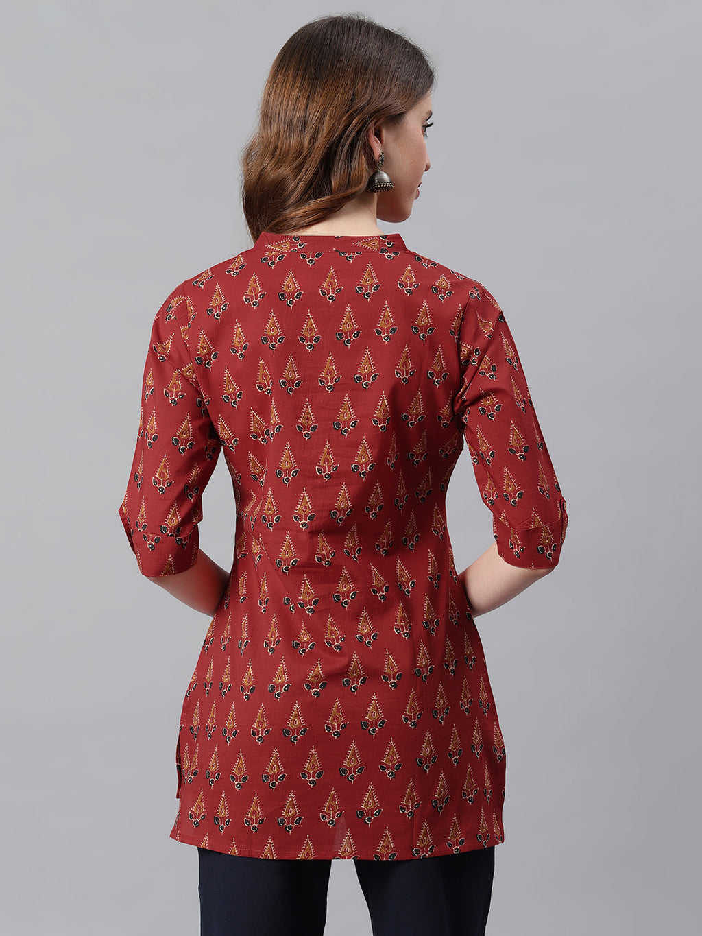 Janasya Women's Red Cotton Ethnic Motifs Straight Tunic