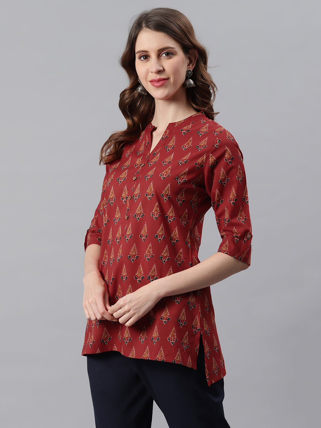 Janasya Women's Red Cotton Ethnic Motifs Straight Tunic