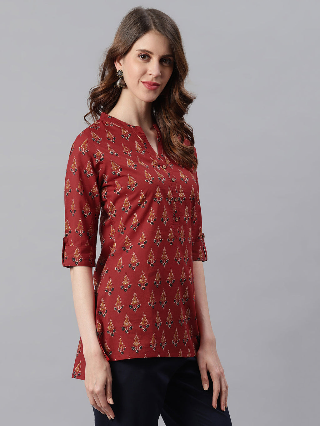 Janasya Women's Red Cotton Ethnic Motifs Straight Tunic