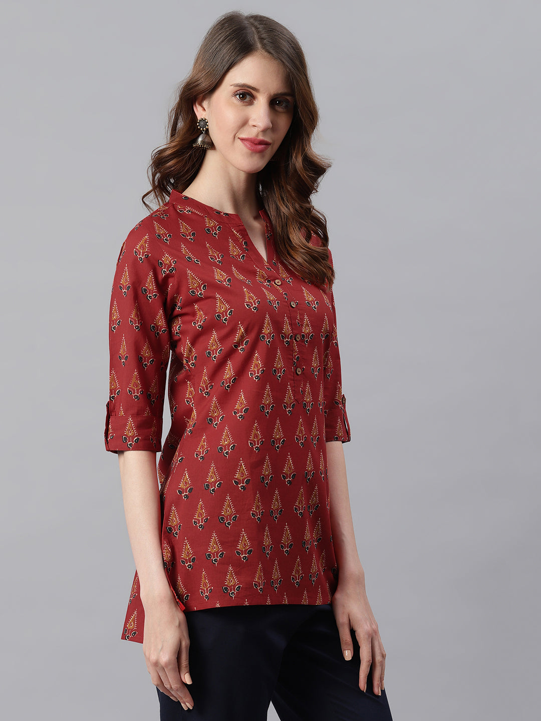 Janasya Women's Red Cotton Ethnic Motifs Straight Tunic