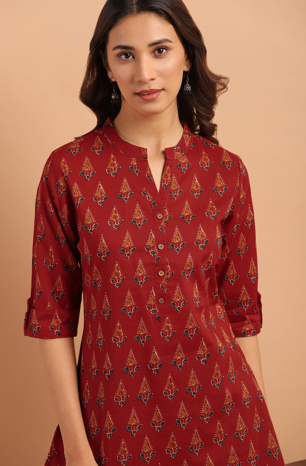 Janasya Women's Red Cotton Ethnic Motifs Straight Tunic