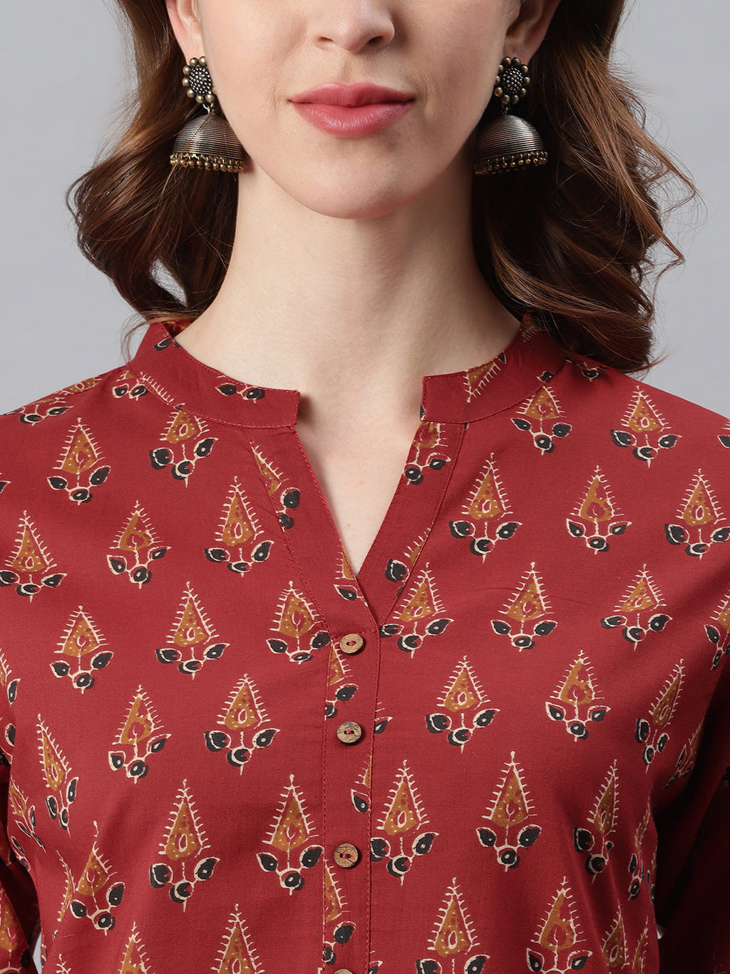 Janasya Women's Red Cotton Ethnic Motifs Straight Tunic