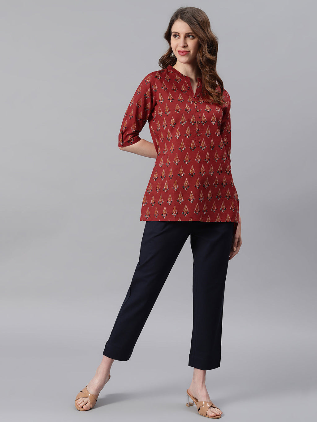 Janasya Women's Red Cotton Ethnic Motifs Straight Tunic