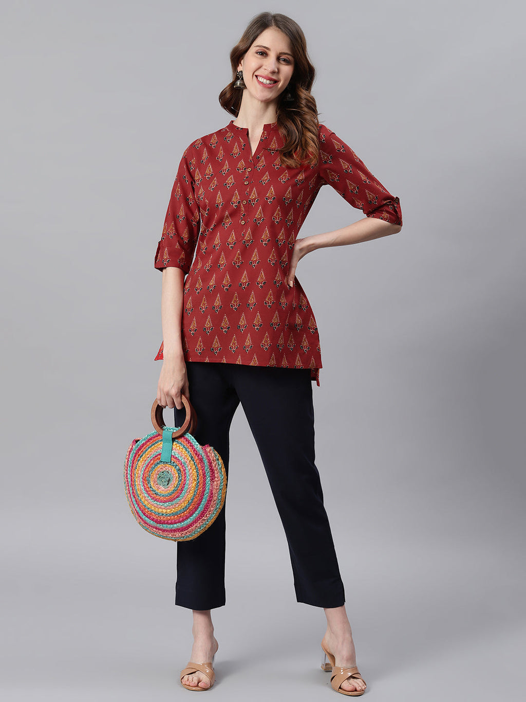 Janasya Women's Red Cotton Ethnic Motifs Straight Tunic