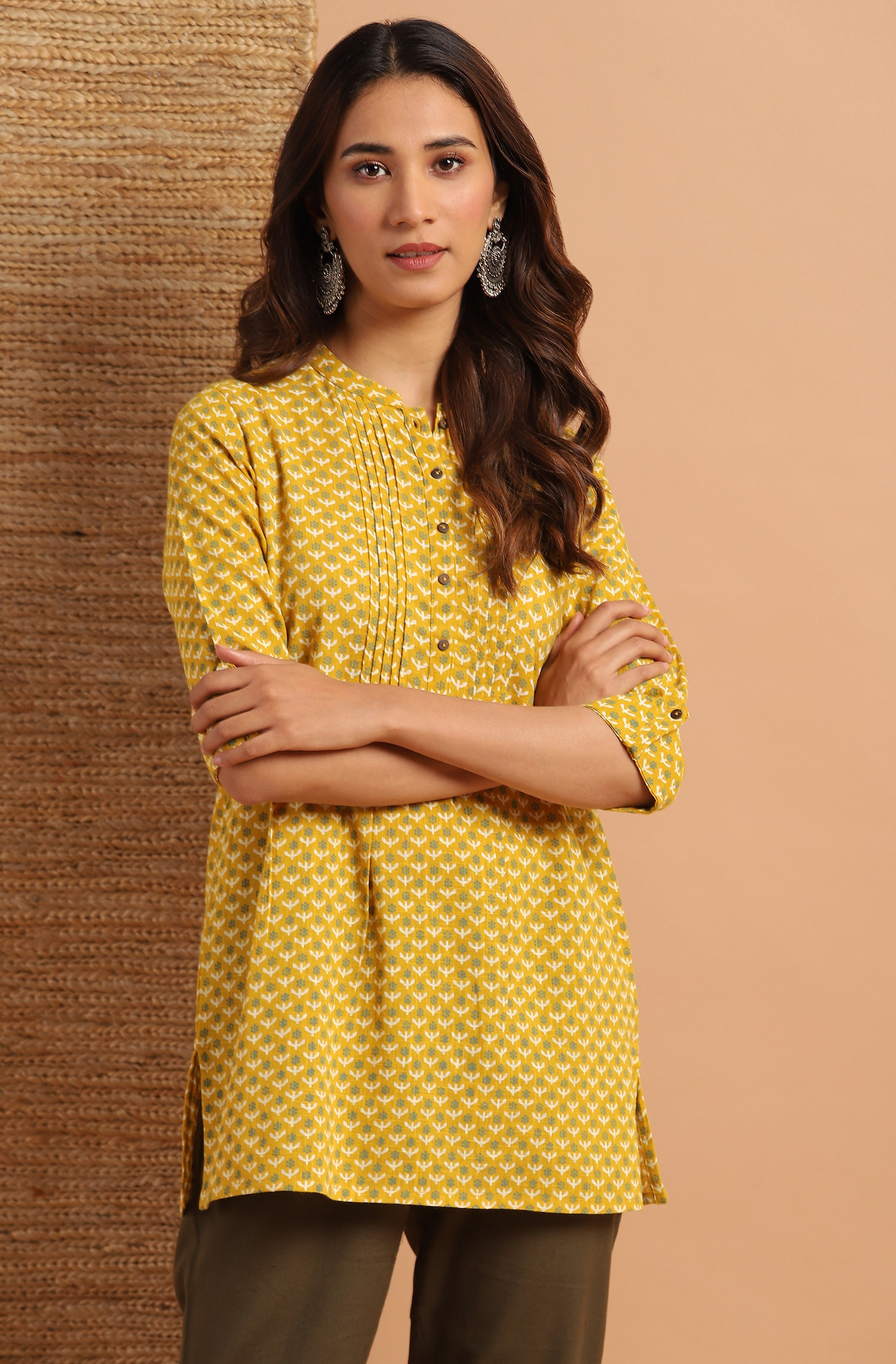 Janasya Women's Mustard Cotton Slub Floral Print Straight Tunic