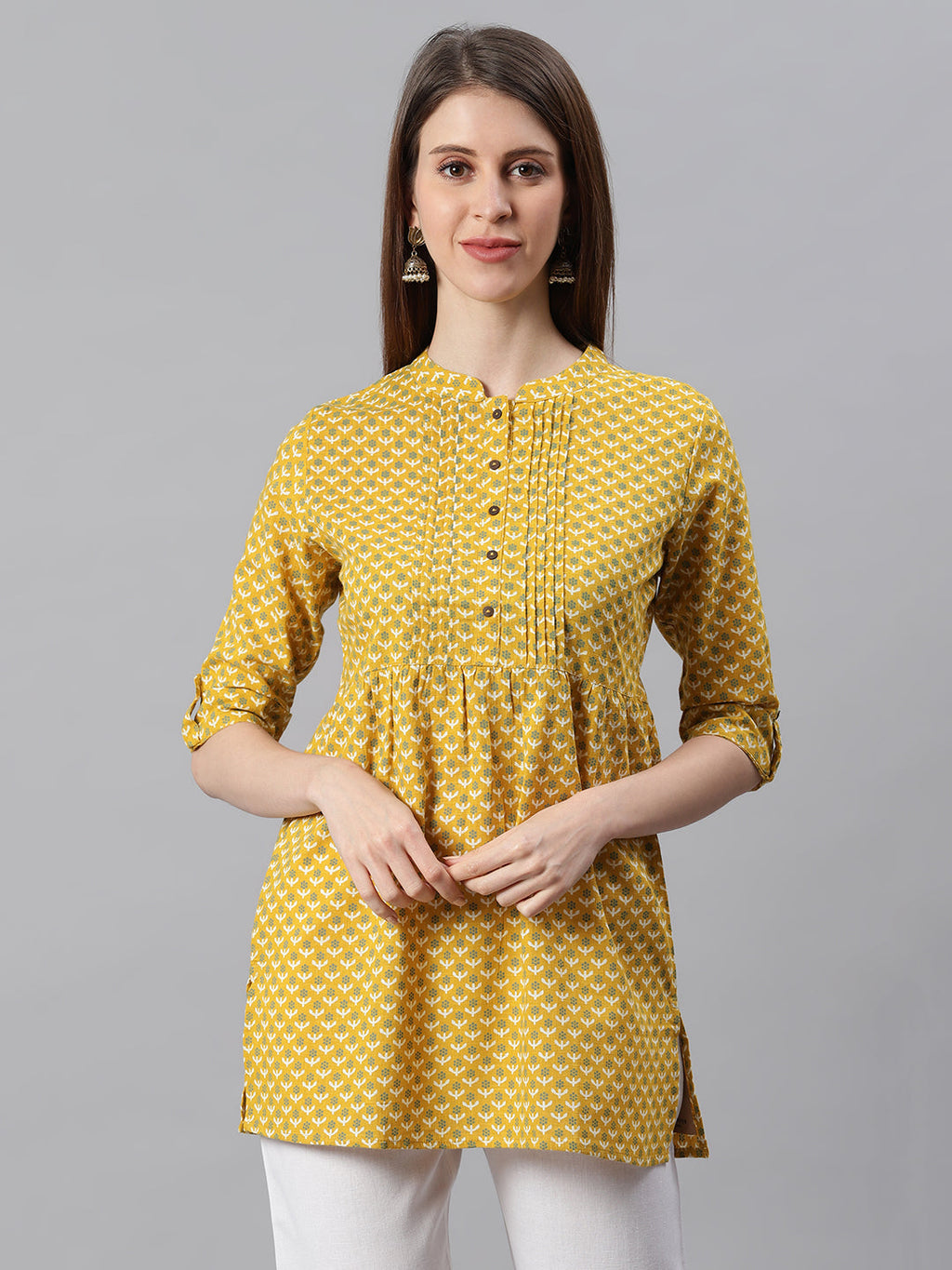 Janasya Women's Mustard Cotton Slub Floral Print Straight Tunic