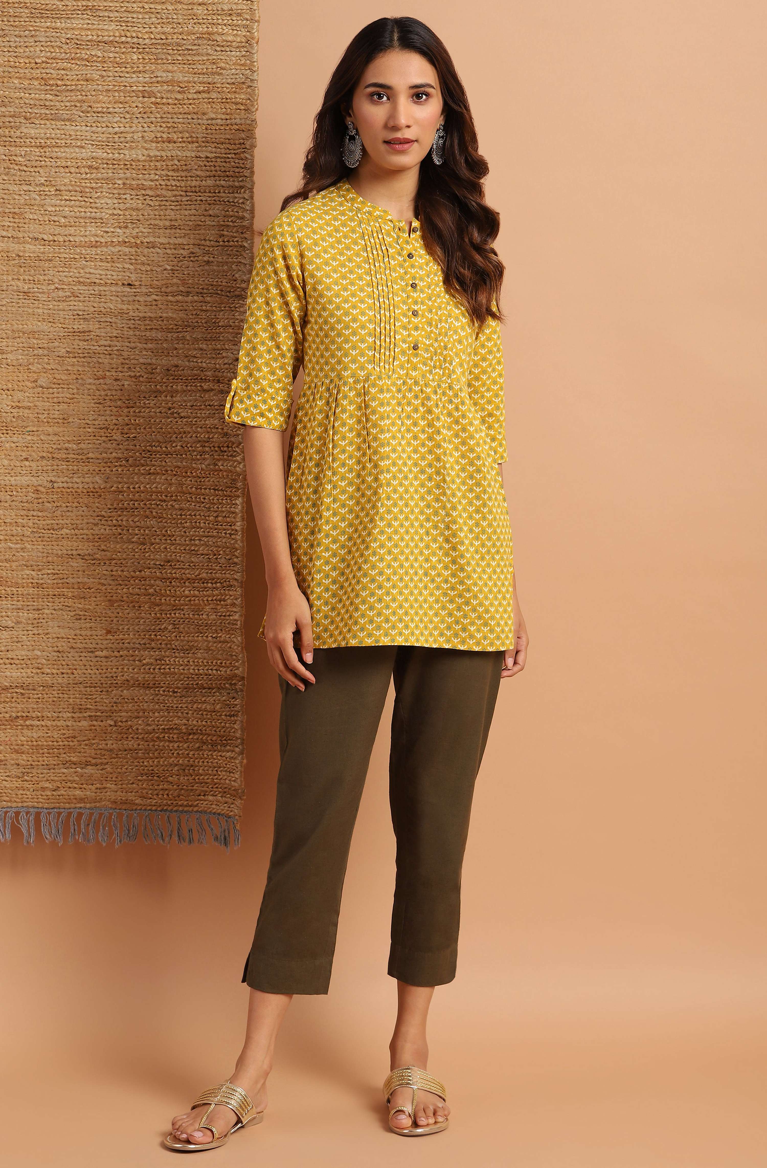 Janasya Women's Mustard Cotton Slub Floral Print Straight Tunic