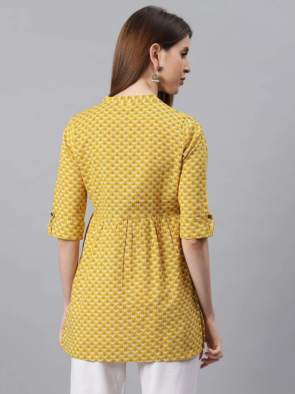 Janasya Women's Mustard Cotton Slub Floral Print Straight Tunic