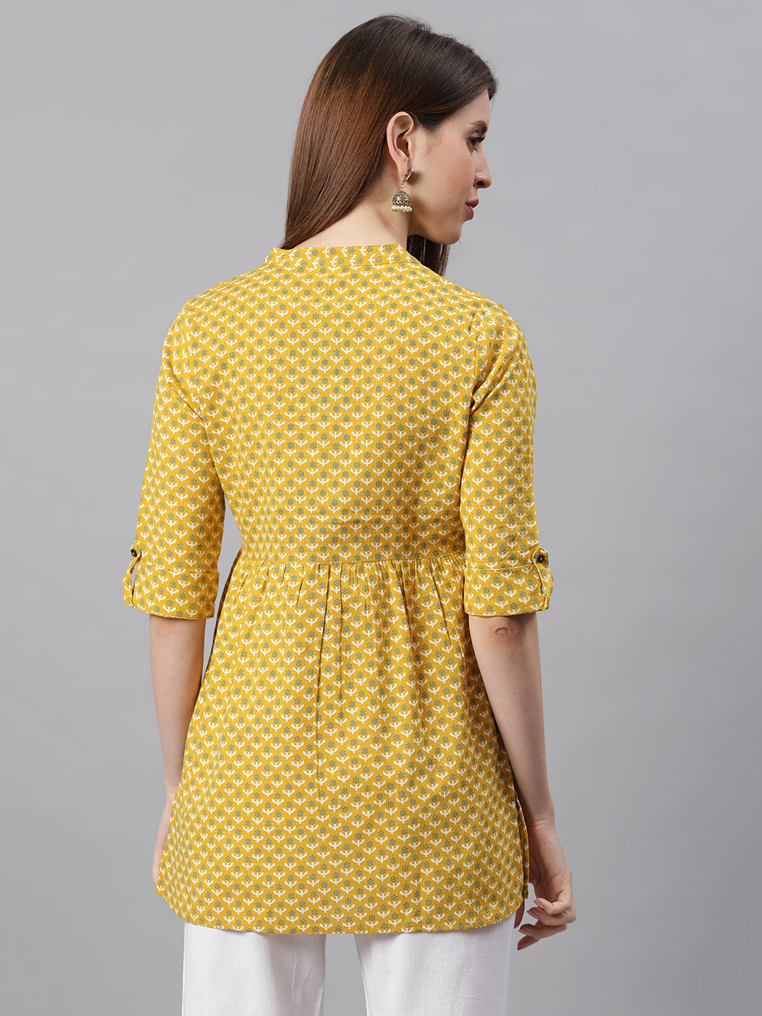 Janasya Women's Mustard Cotton Slub Floral Print Straight Tunic