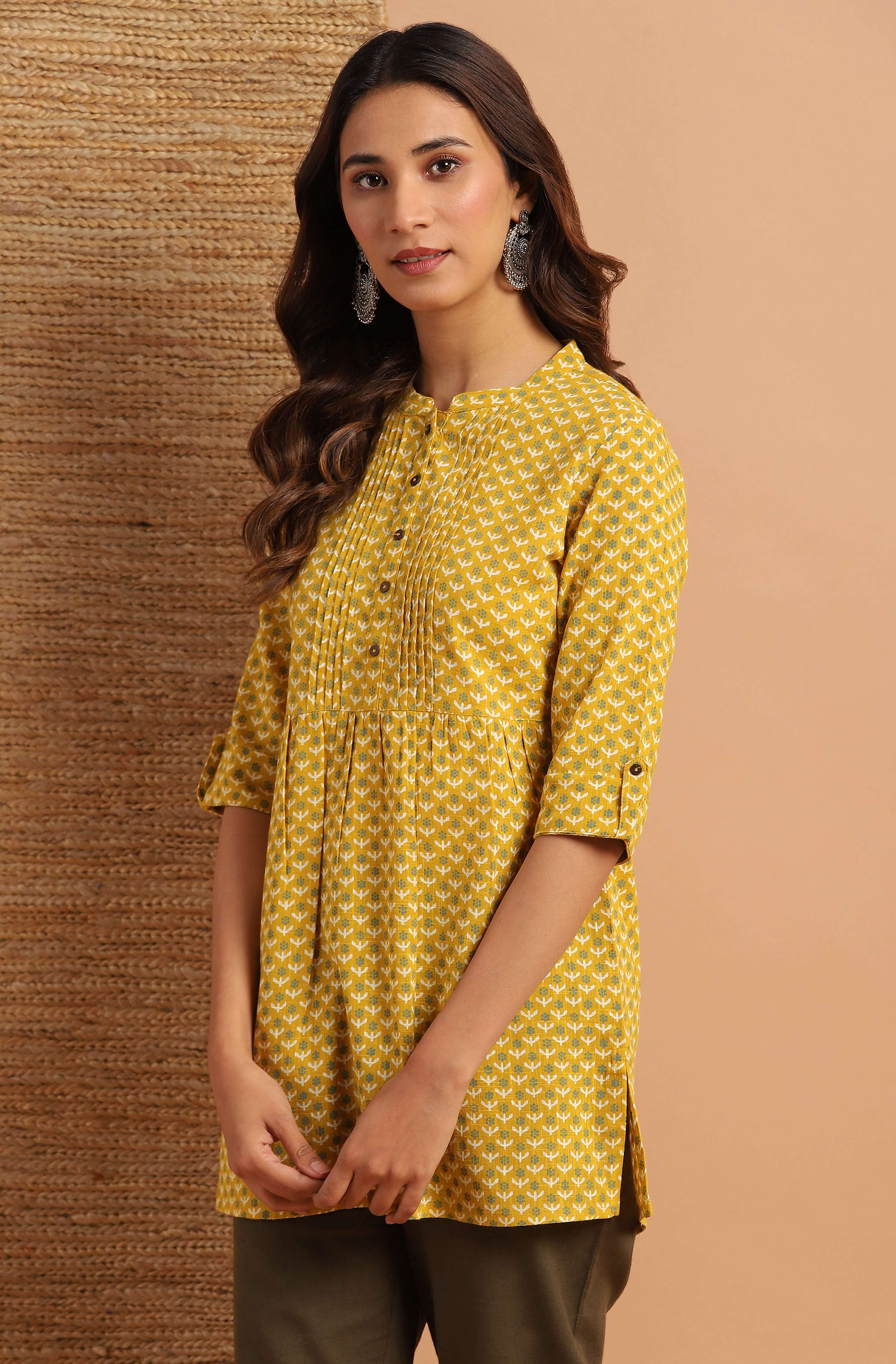 Janasya Women's Mustard Cotton Slub Floral Print Straight Tunic