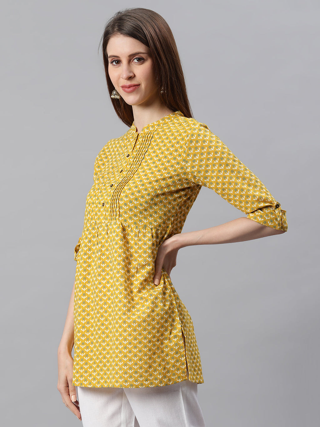 Janasya Women's Mustard Cotton Slub Floral Print Straight Tunic