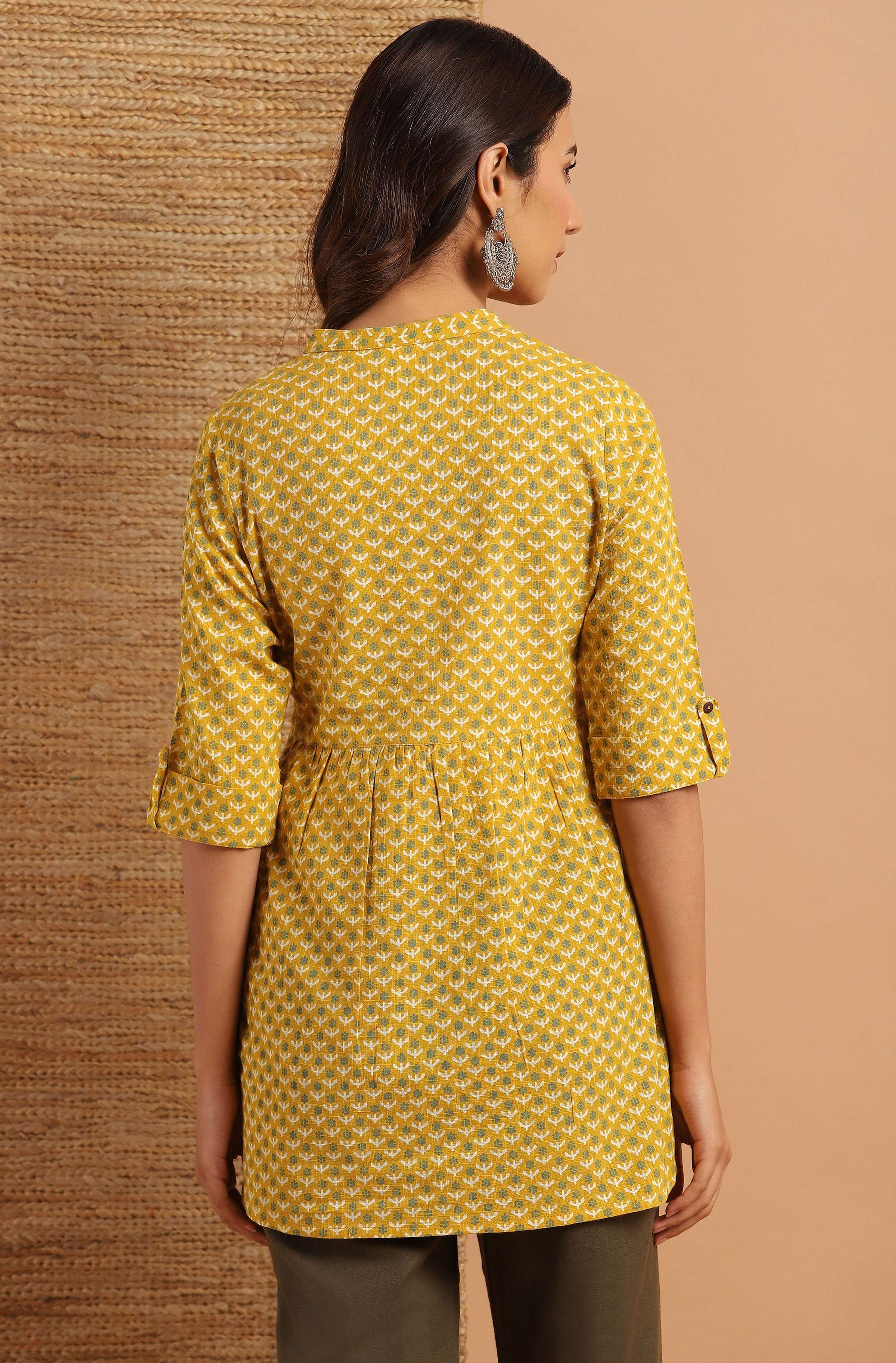 Janasya Women's Mustard Cotton Slub Floral Print Straight Tunic