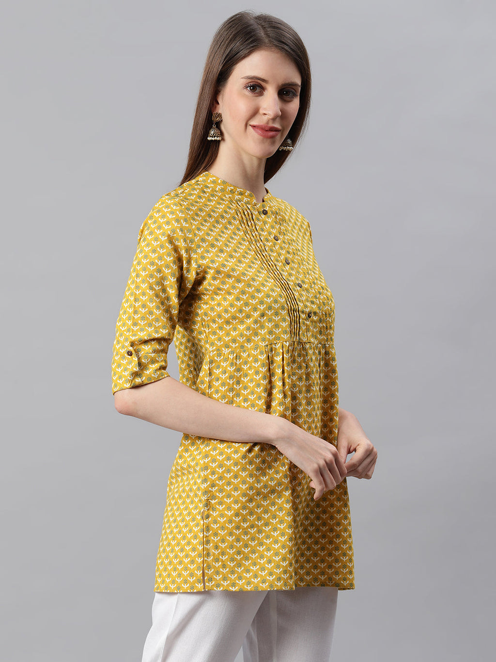 Janasya Women's Mustard Cotton Slub Floral Print Straight Tunic