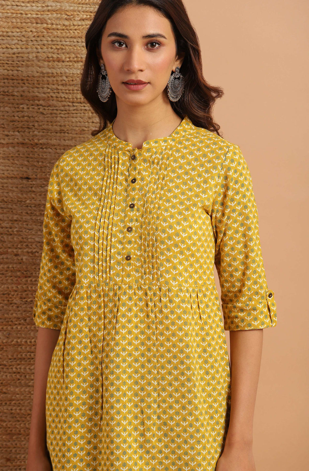 Janasya Women's Mustard Cotton Slub Floral Print Straight Tunic