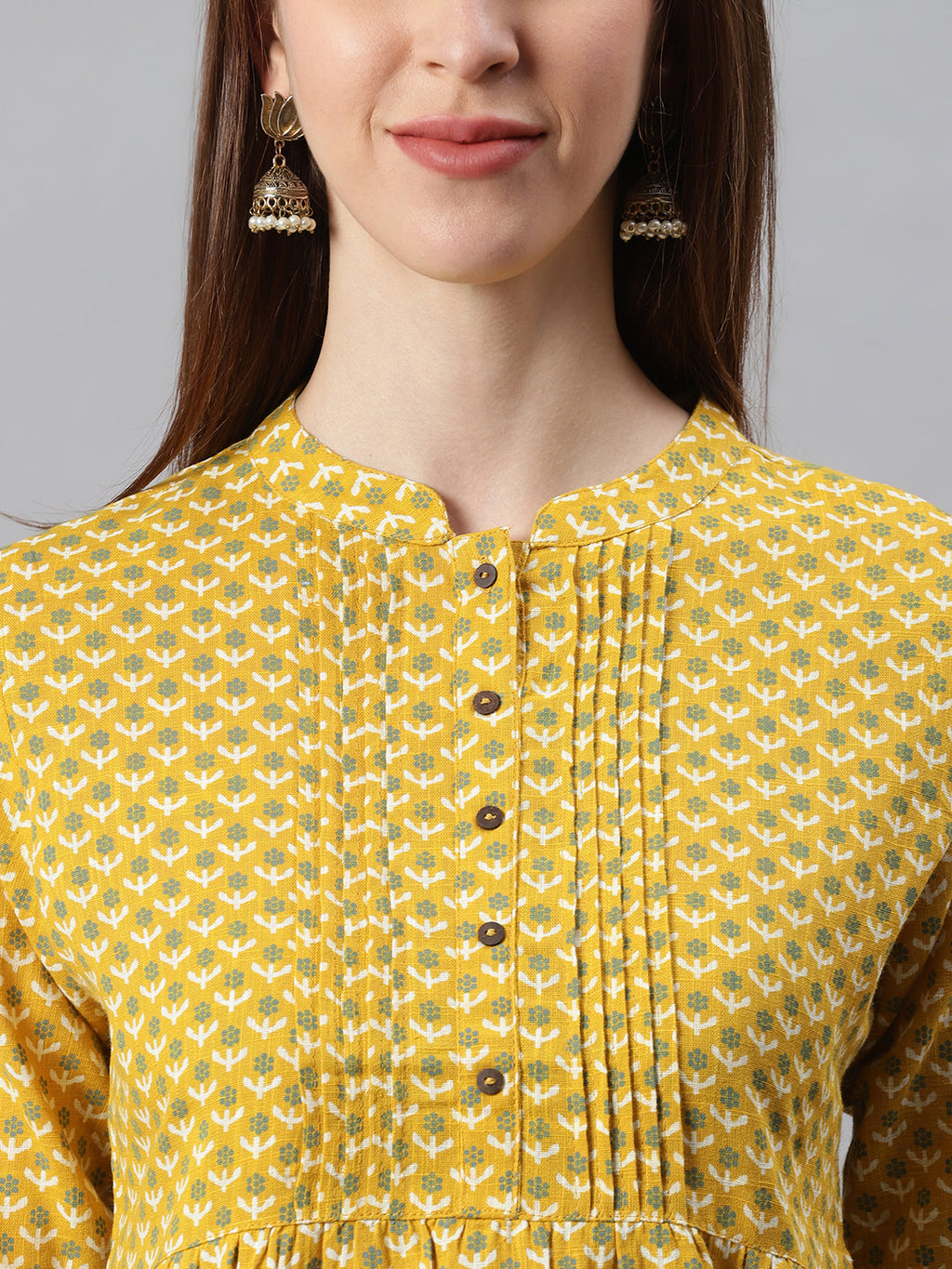 Janasya Women's Mustard Cotton Slub Floral Print Straight Tunic