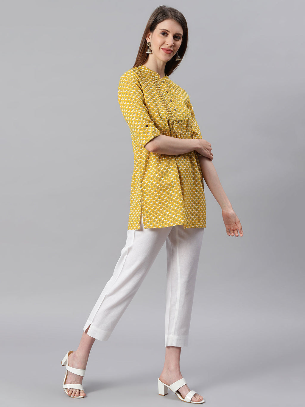 Janasya Women's Mustard Cotton Slub Floral Print Straight Tunic