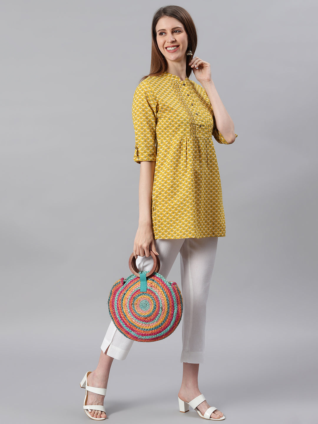 Janasya Women's Mustard Cotton Slub Floral Print Straight Tunic