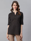 Janasya Women's Black Cotton Slub Geometric Print Straight Tunic