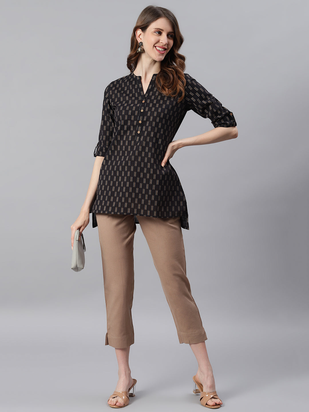Janasya Women's Black Cotton Slub Geometric Print Straight Tunic