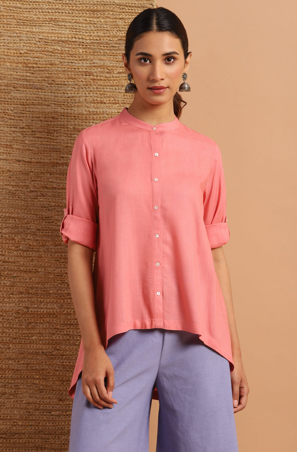 Janasya Women's Pink Rayon Solid High Low Tunic