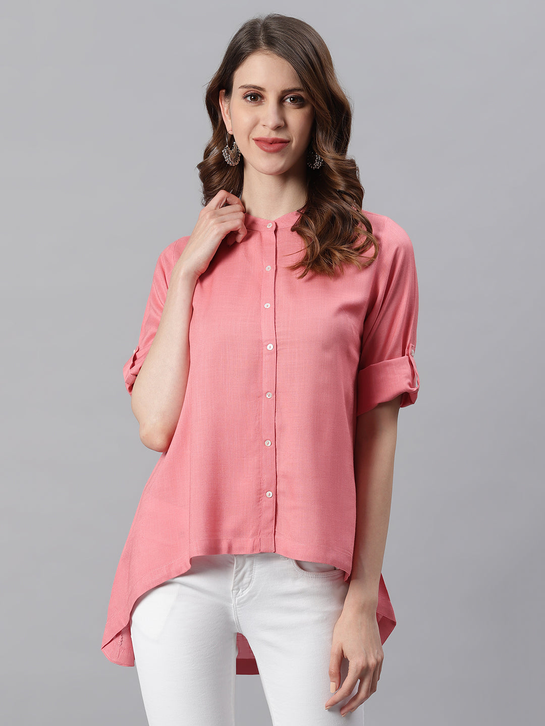 Janasya Women's Pink Rayon Solid High Low Tunic