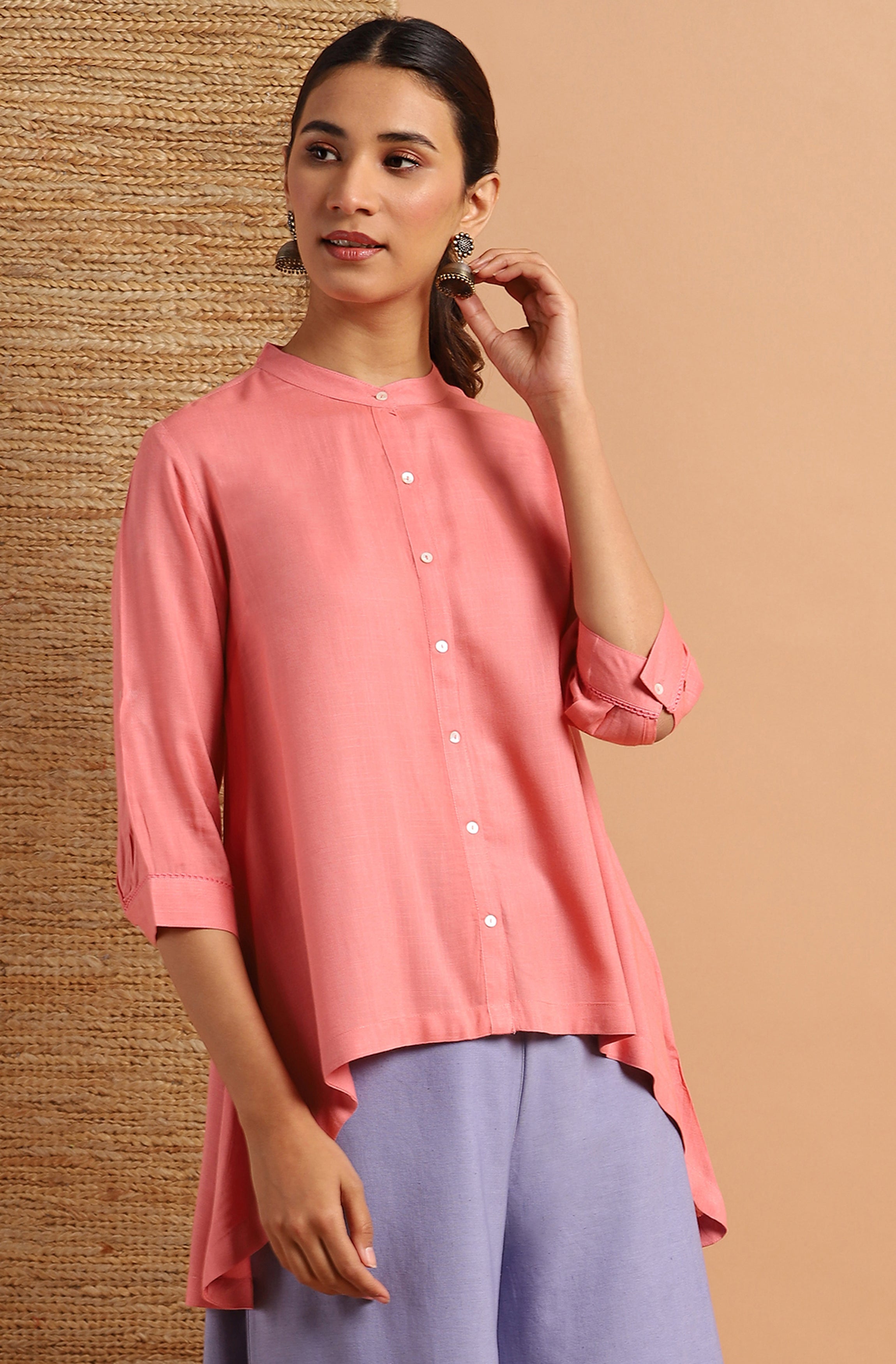 Janasya Women's Pink Rayon Solid High Low Tunic