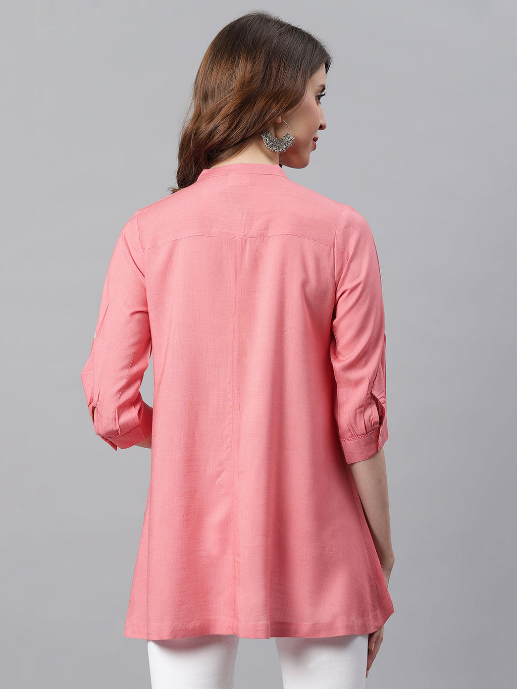 Janasya Women's Pink Rayon Solid High Low Tunic