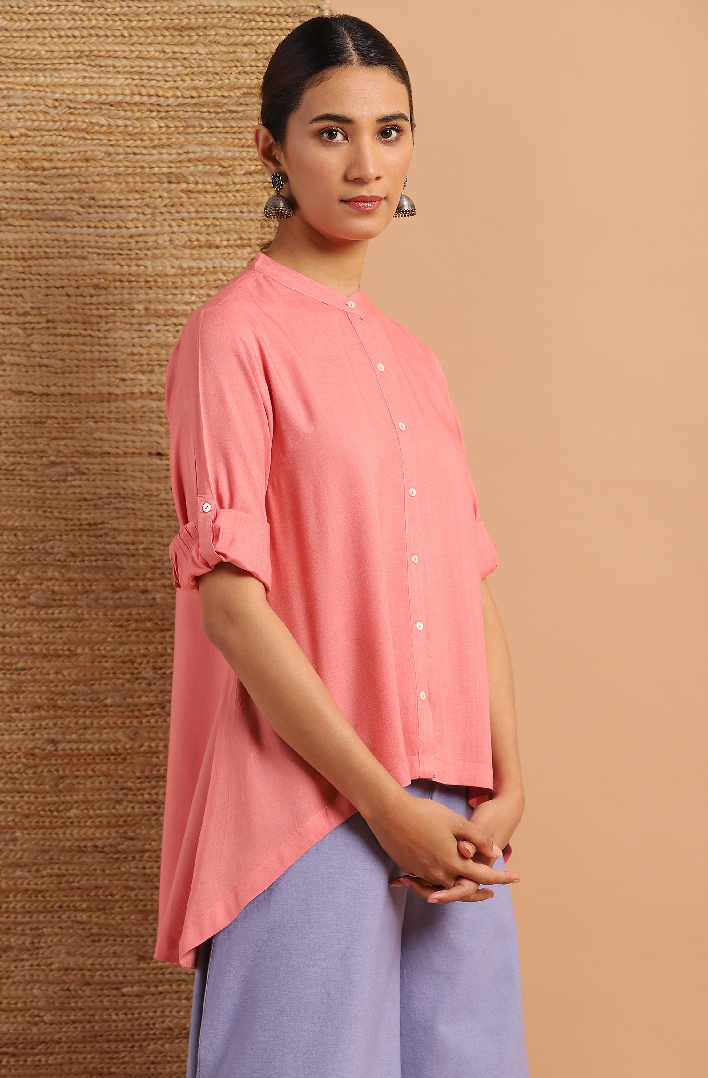 Janasya Women's Pink Rayon Solid High Low Tunic