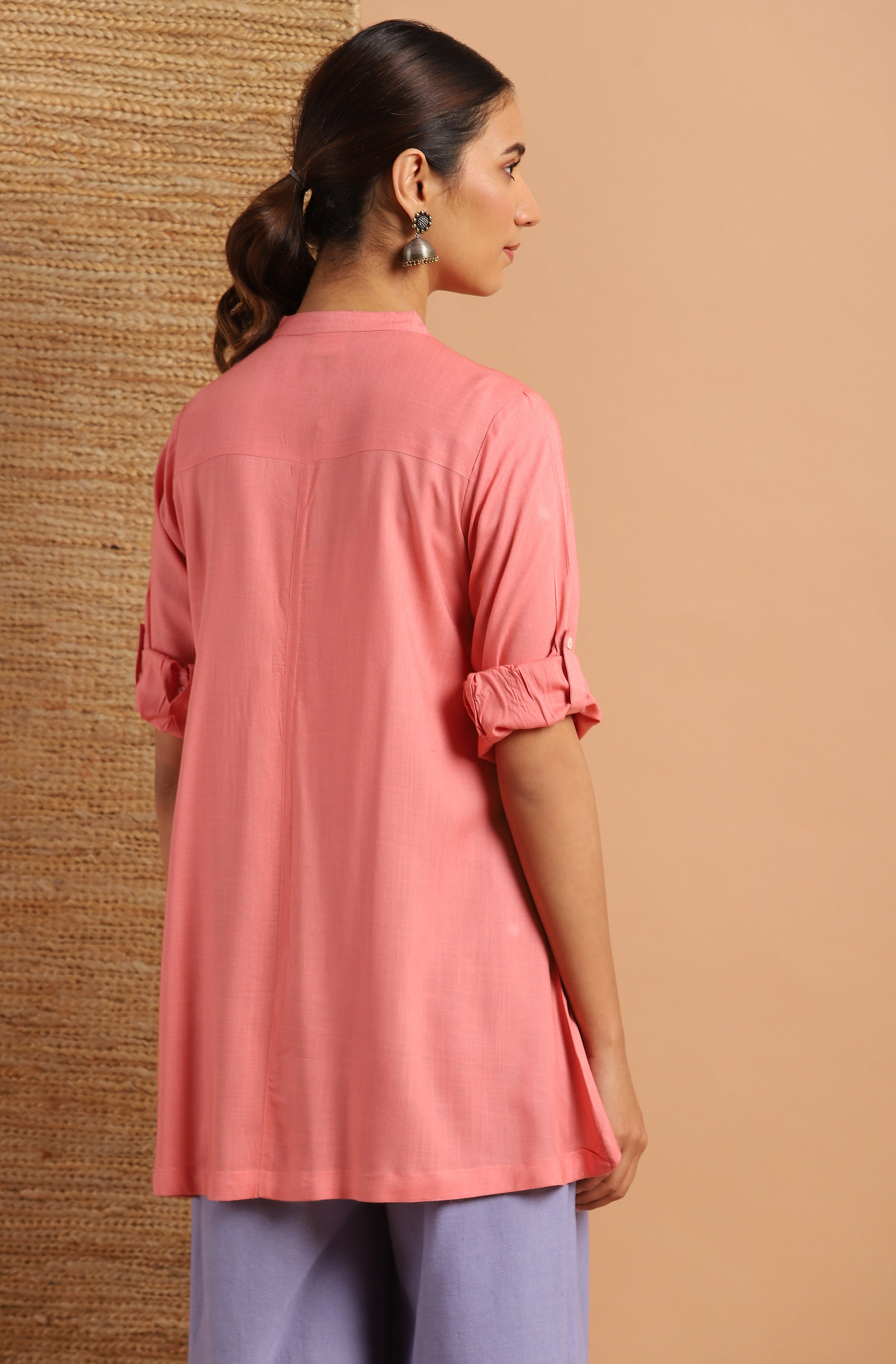 Janasya Women's Pink Rayon Solid High Low Tunic