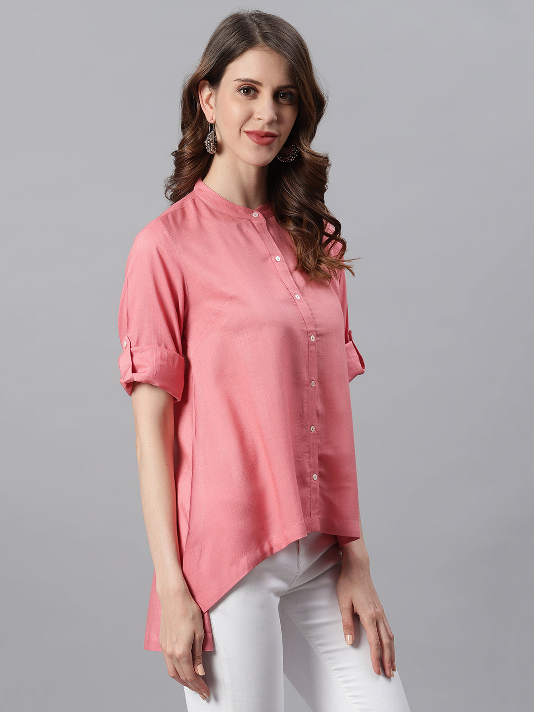 Janasya Women's Pink Rayon Solid High Low Tunic