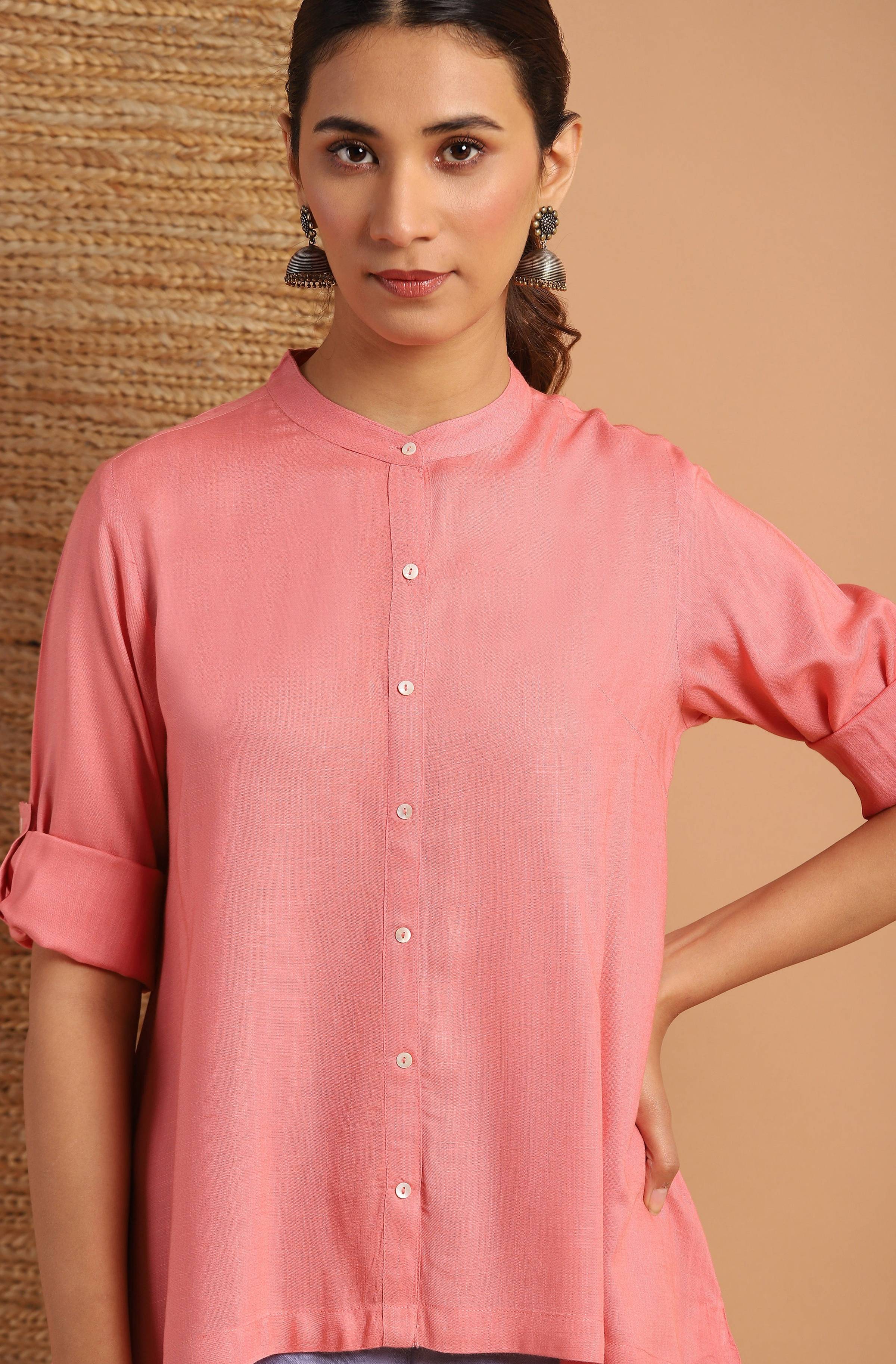 Janasya Women's Pink Rayon Solid High Low Tunic