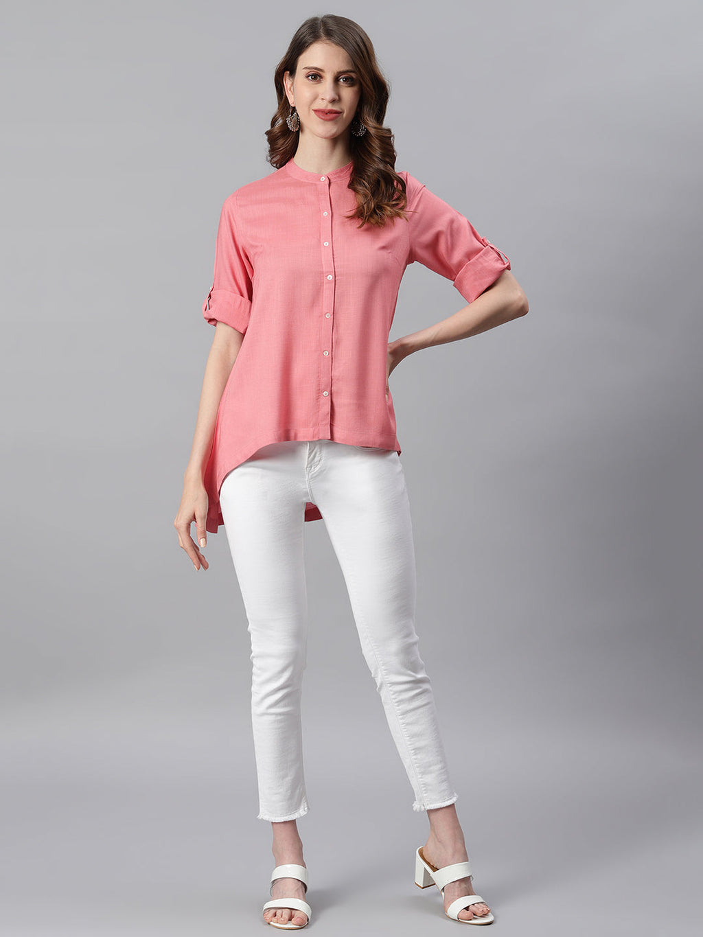 Janasya Women's Pink Rayon Solid High Low Tunic