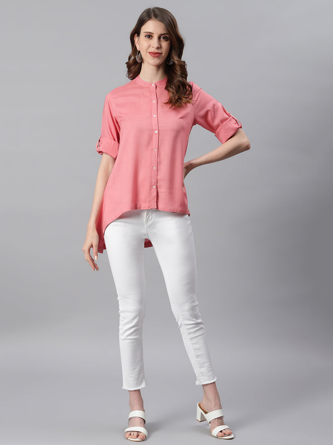 Janasya Women's Pink Rayon Solid High Low Tunic