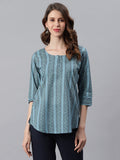 Janasya Women's Blue Cotton Floral Print Straight Tunic