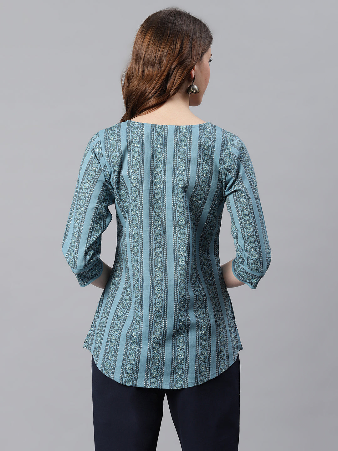 Janasya Women's Blue Cotton Floral Print Straight Tunic