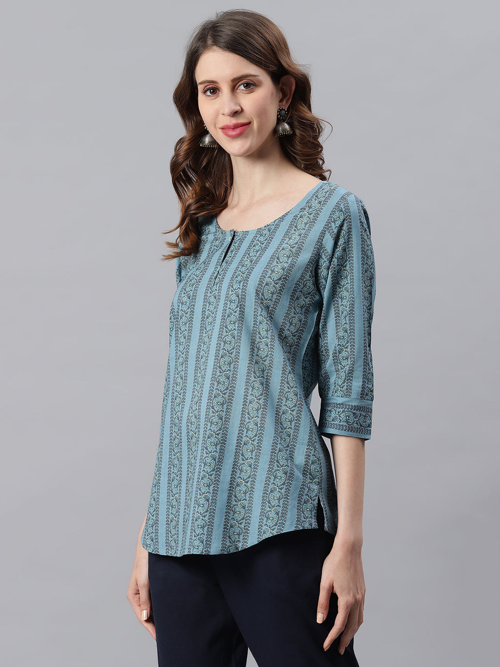 Janasya Women's Blue Cotton Floral Print Straight Tunic