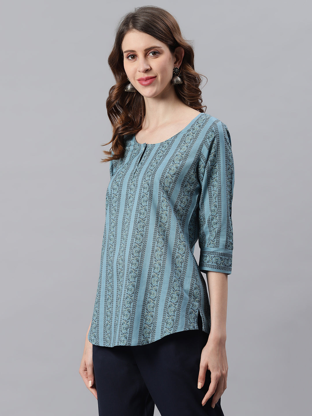 Janasya Women's Blue Cotton Floral Print Straight Tunic