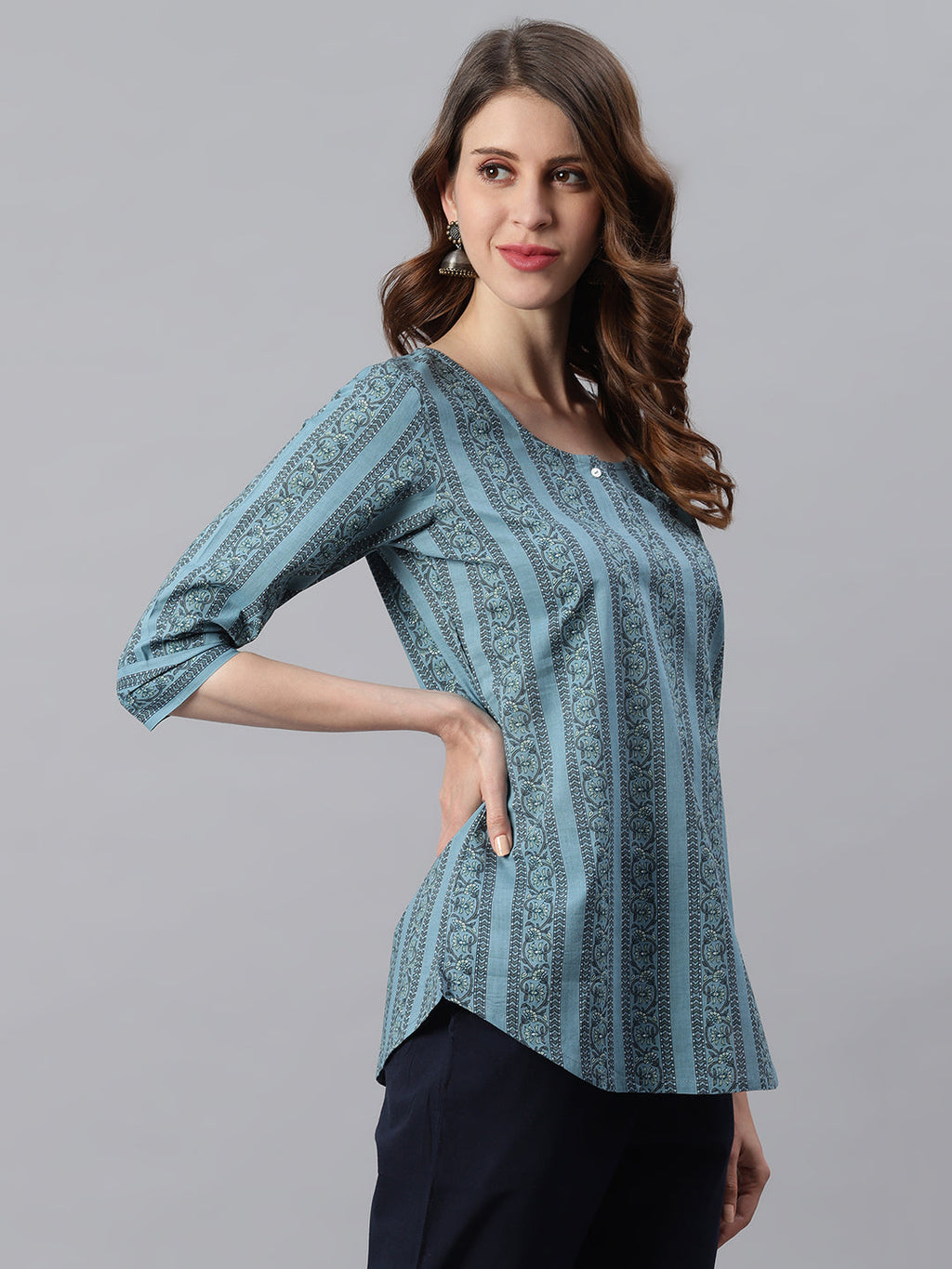 Janasya Women's Blue Cotton Floral Print Straight Tunic