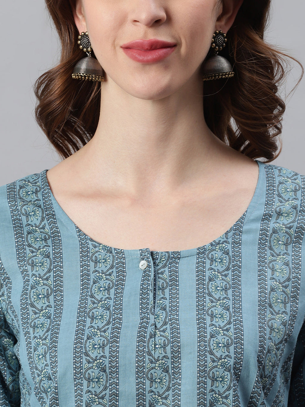 Janasya Women's Blue Cotton Floral Print Straight Tunic